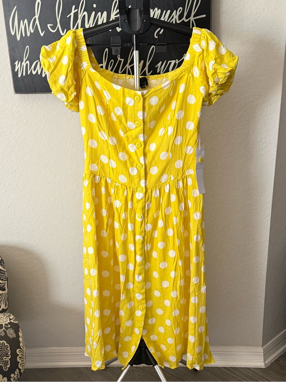 Lumiere Yellow Polka Dot Button-Front Midi Dress NWT